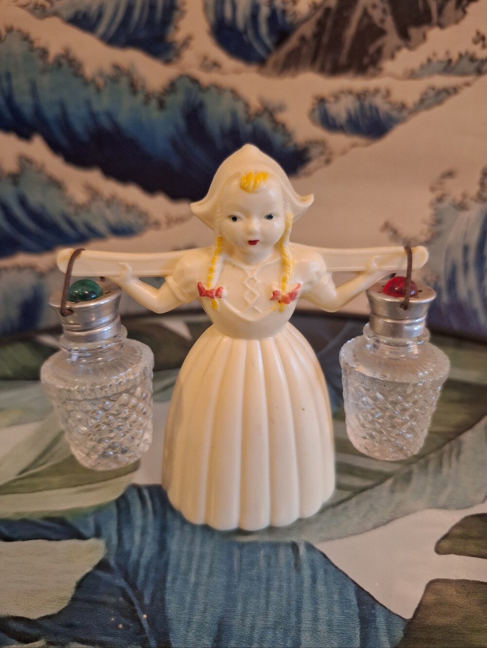 Vintage Dutch Girl Salt & Pepper Set - White Plastic with Glass Shakers